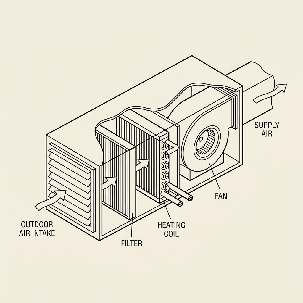Commercial makeup air unit diagram showing outdoor air intake, filter, heating coil, fan, and supply air path