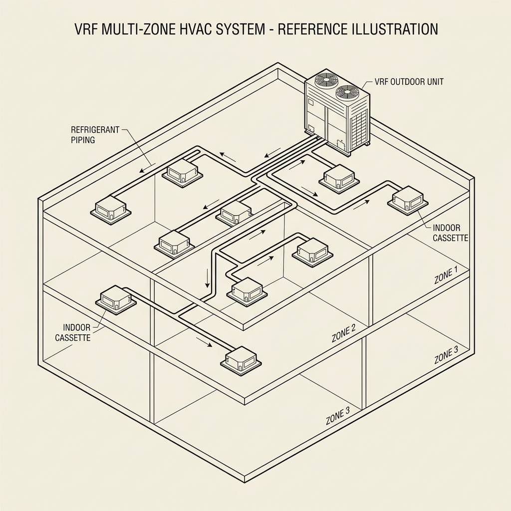 VRF multi-zone HVAC system diagram showing outdoor unit, indoor cassettes, and refrigerant piping across building zones