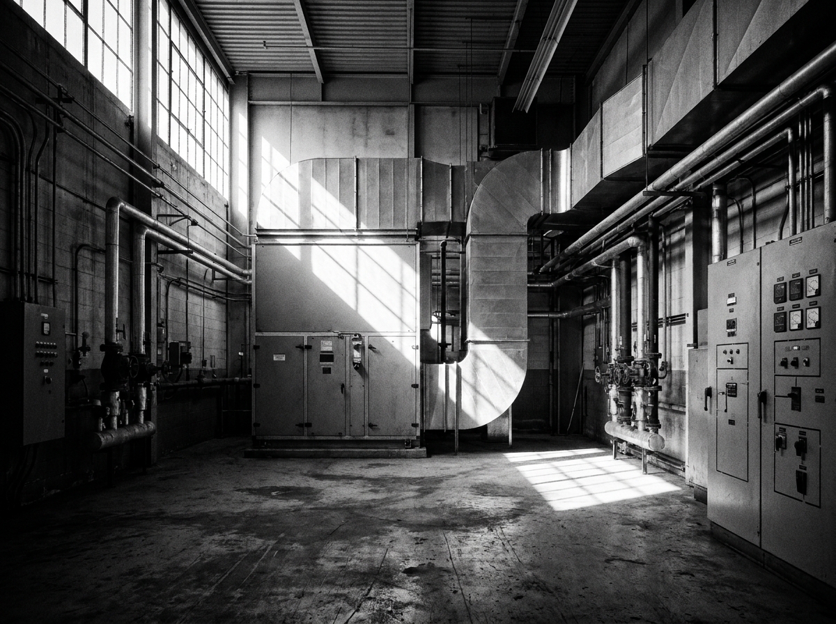 Commercial mechanical room with air handler and ductwork