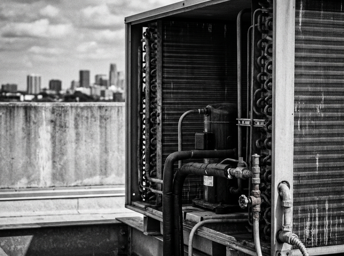 Close-up of commercial HVAC unit coils and refrigerant lines