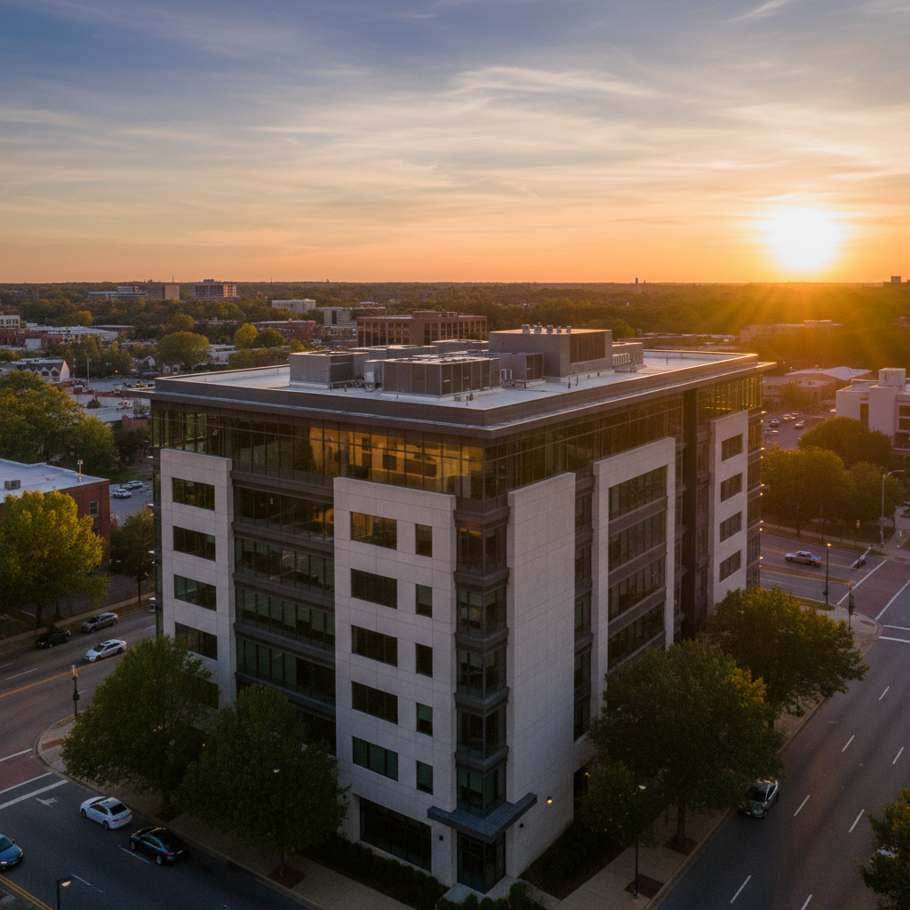 Birmingham commercial office building exterior at golden hour