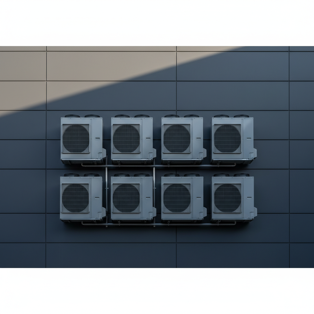 Six VRF outdoor condensing units mounted in array on commercial building wall